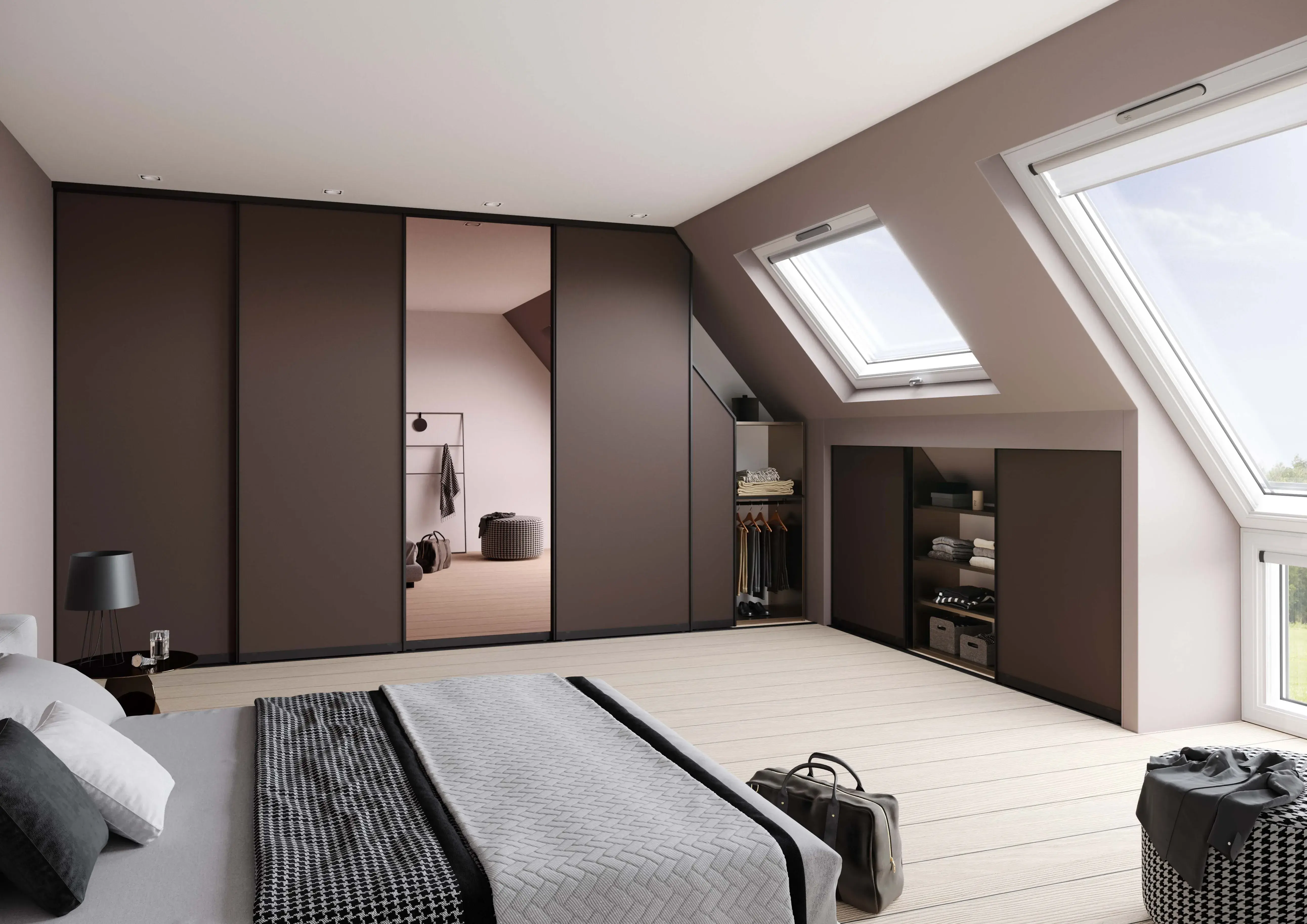 Modernes Schlafzimmer mit Einbauschrank, Dachfenstern und neutralen Farben.