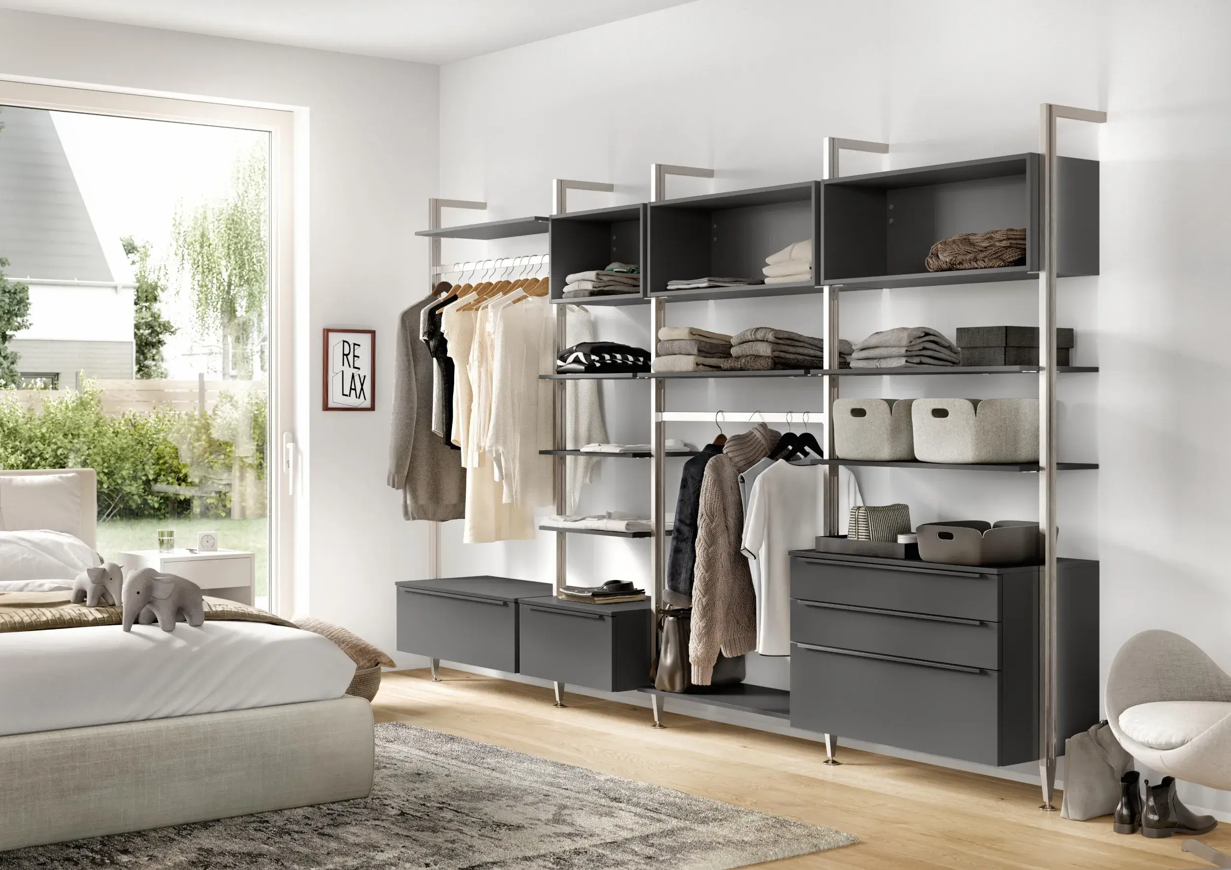 Nobilia Ankleide offene Garderobe wandmontiert Sideboard Regale anthrazit